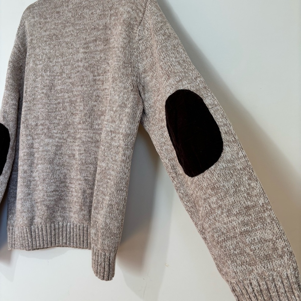 Chaps Men Beige Brown Quarter Button Long Sleeve Elbow Patch Cotton Knit sweater - Picture 9 of 16